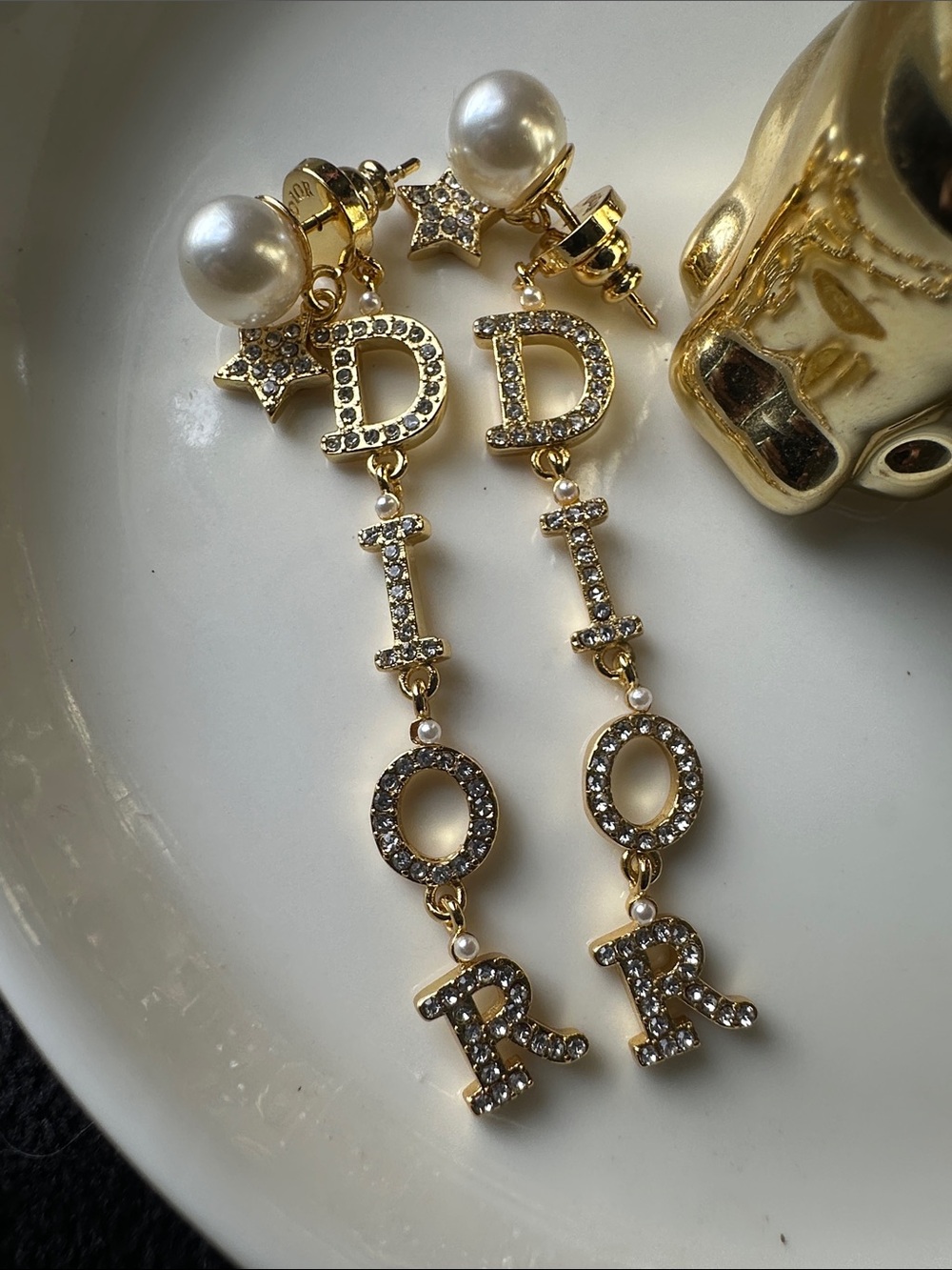 Goldtone Crystal Letter Drop Earrings with Pearl Studs